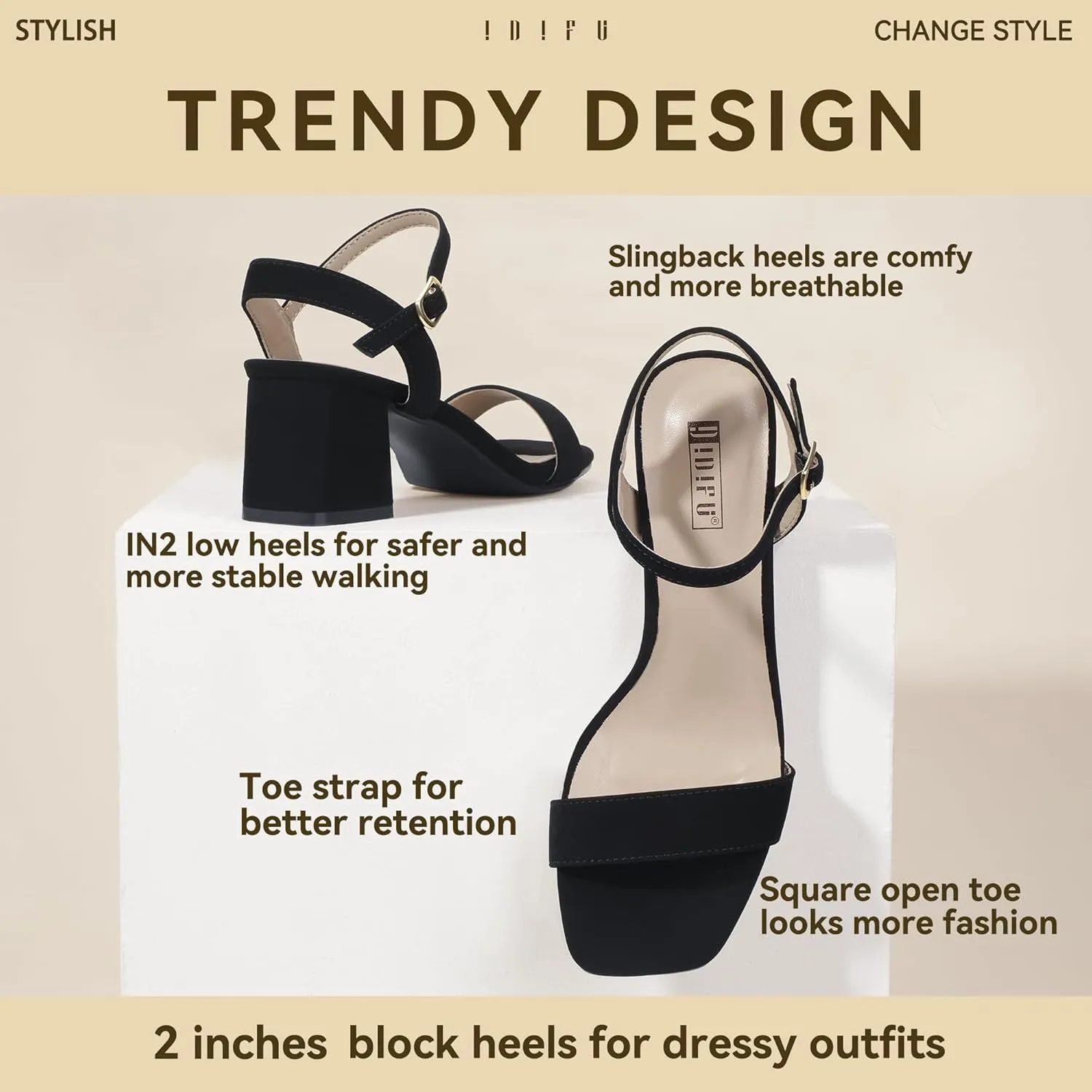 IDIFU IN2 Low Block Heels for Women Chunky Heels Square Open Toe Heeled Sandals Wedding Bride Prom Graduation Dress Shoes Comfortable Cute Trendy Summer Casual Ankle Strap Heels