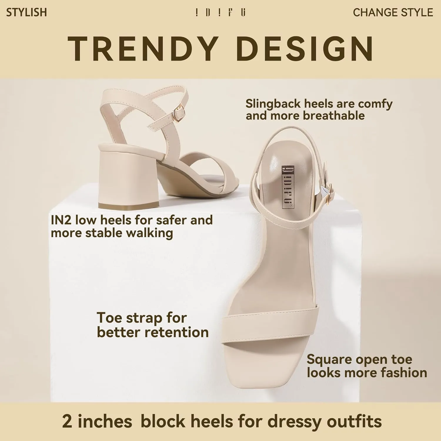 IDIFU IN2 Low Block Heels for Women Chunky Heels Square Open Toe Heeled Sandals Wedding Bride Prom Graduation Dress Shoes Comfortable Cute Trendy Summer Casual Ankle Strap Heels