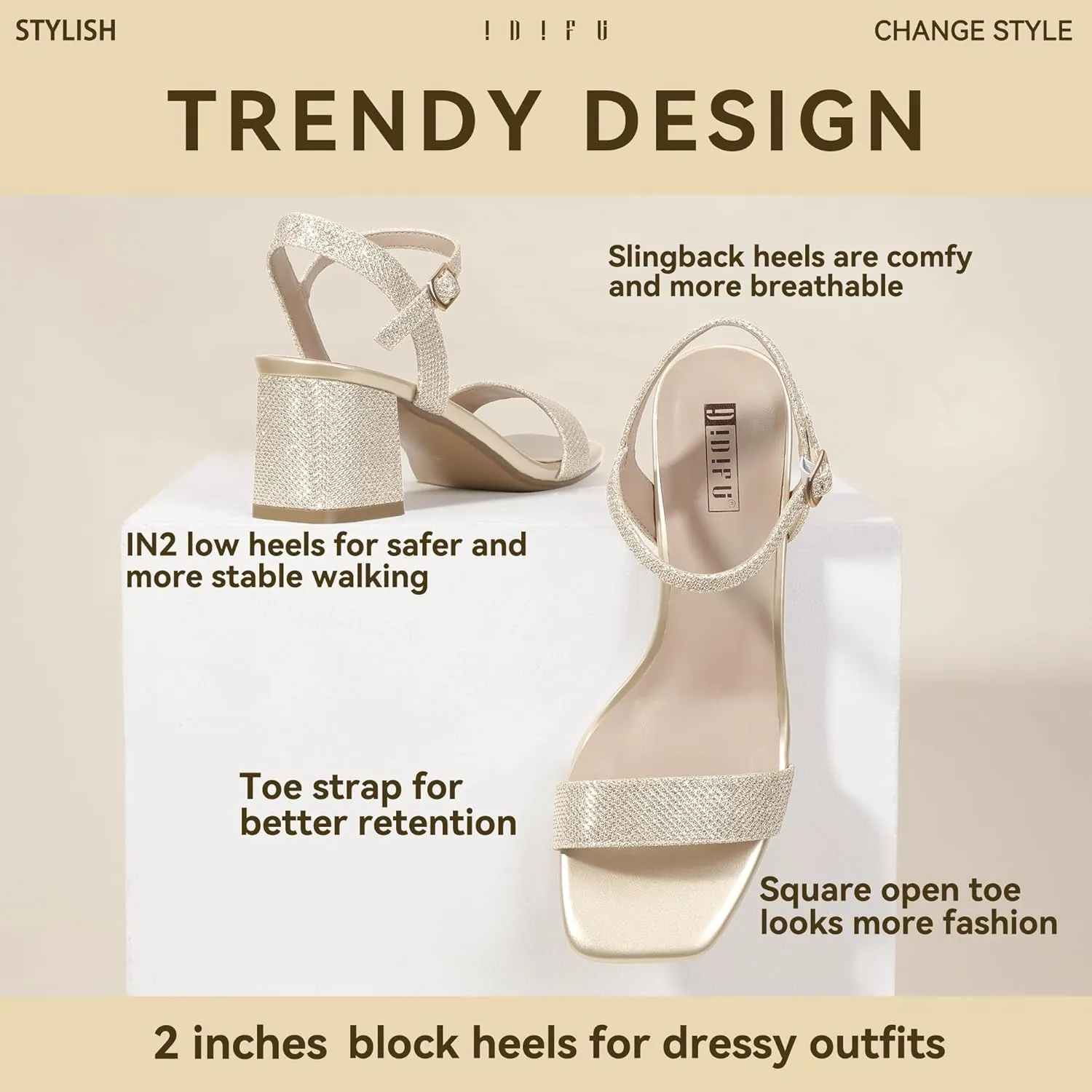 IDIFU IN2 Low Block Heels for Women Chunky Heels Square Open Toe Heeled Sandals Wedding Bride Prom Graduation Dress Shoes Comfortable Cute Trendy Summer Casual Ankle Strap Heels