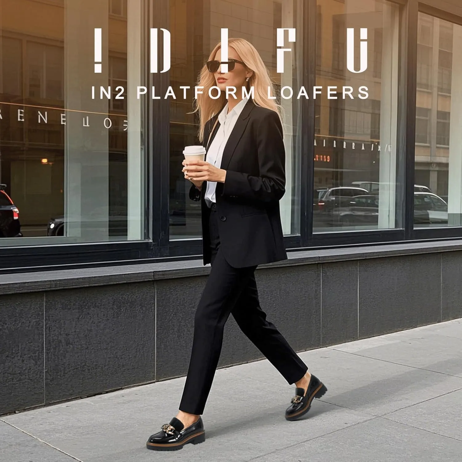 IDIFU IN2 Platform Loafers for Women Dressy with Metal Chain Slip On Low Chunky Block Lug Sole Heeled Penny Loafers Comfort Closed Round Toe Dress Shoes Office Work Business Casual Fall Loafers Shoes