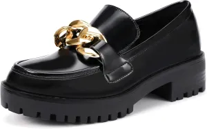 IDIFU IN2 Platform Loafers for Women Dressy with Metal Chain Slip On Low Chunky Block Lug Sole Heeled Penny Loafers Comfort Closed Round Toe Dress Shoes Office Work Business Casual Fall Loafers Shoes
