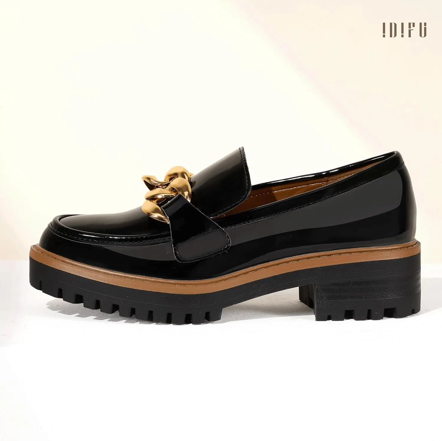 IDIFU IN2 Platform Loafers for Women Dressy with Metal Chain Slip On Low Chunky Block Lug Sole Heeled Penny Loafers Comfort Closed Round Toe Dress Shoes Office Work Business Casual Fall Loafers Shoes