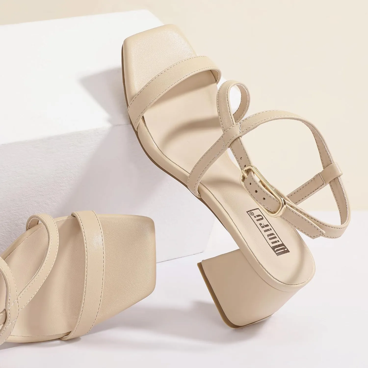 IDIFU IN2 Strappy Heels for Women Square Toe Low Chunky Block Heels with Ankle Strap Women's Slingback Irregular Heel Dress Shoes for Bride Wedding Heeled Sandals Dressy Short Heels