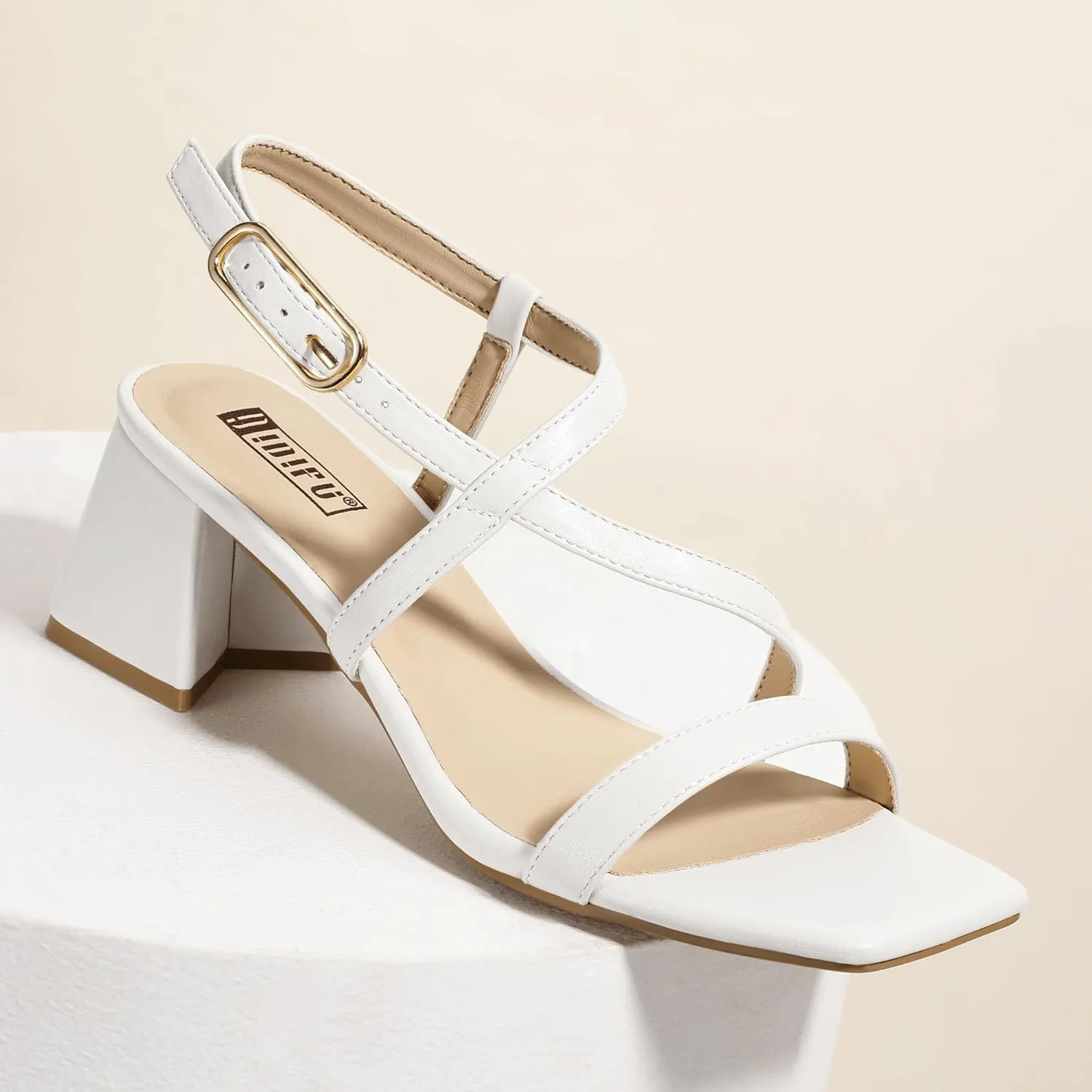 IDIFU IN2 Strappy Heels for Women Square Toe Low Chunky Block Heels with Ankle Strap Women's Slingback Irregular Heel Dress Shoes for Bride Wedding Heeled Sandals Dressy Short Heels
