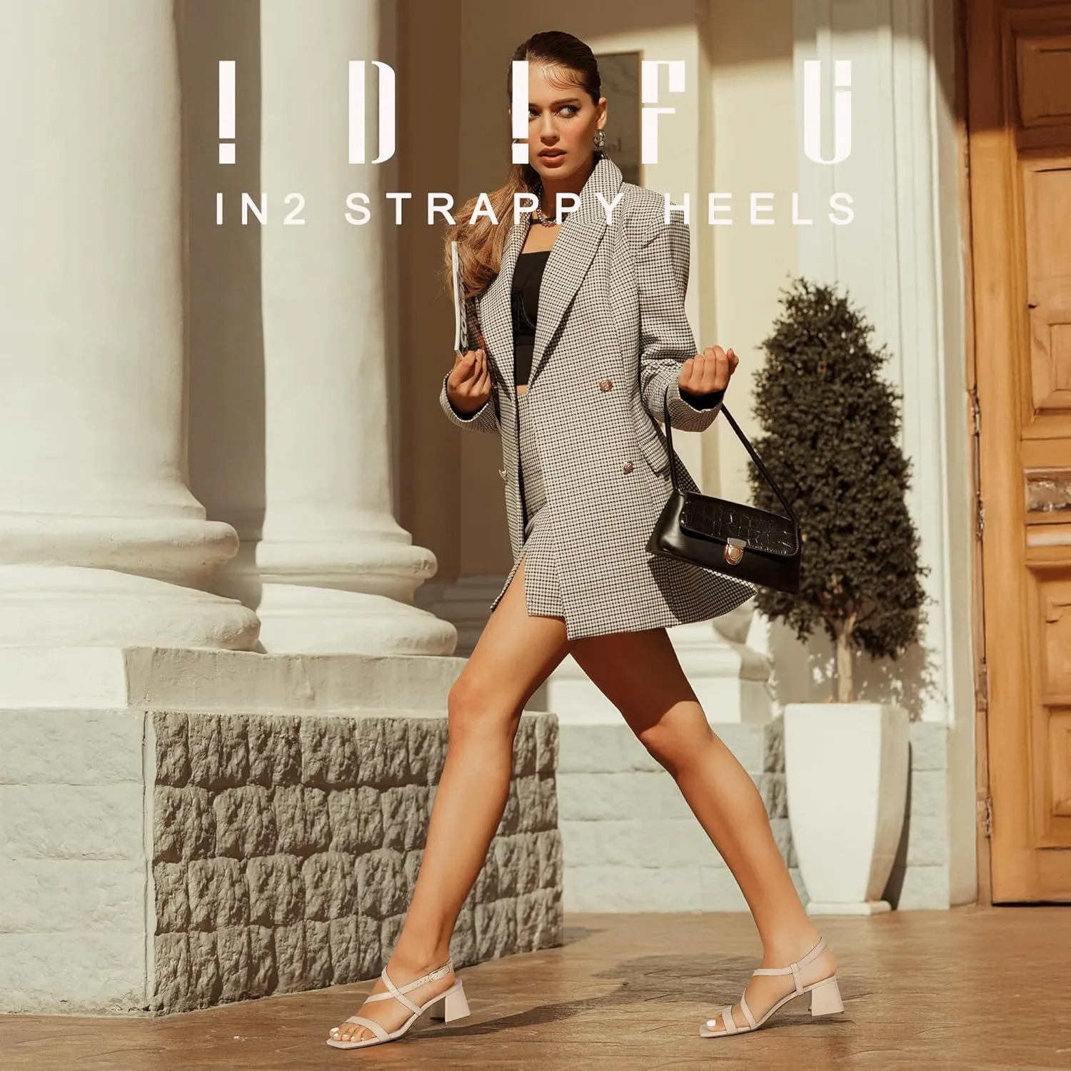 IDIFU IN2 Strappy Heels for Women Square Toe Low Chunky Block Heels with Ankle Strap Women's Slingback Irregular Heel Dress Shoes for Bride Wedding Heeled Sandals Dressy Short Heels