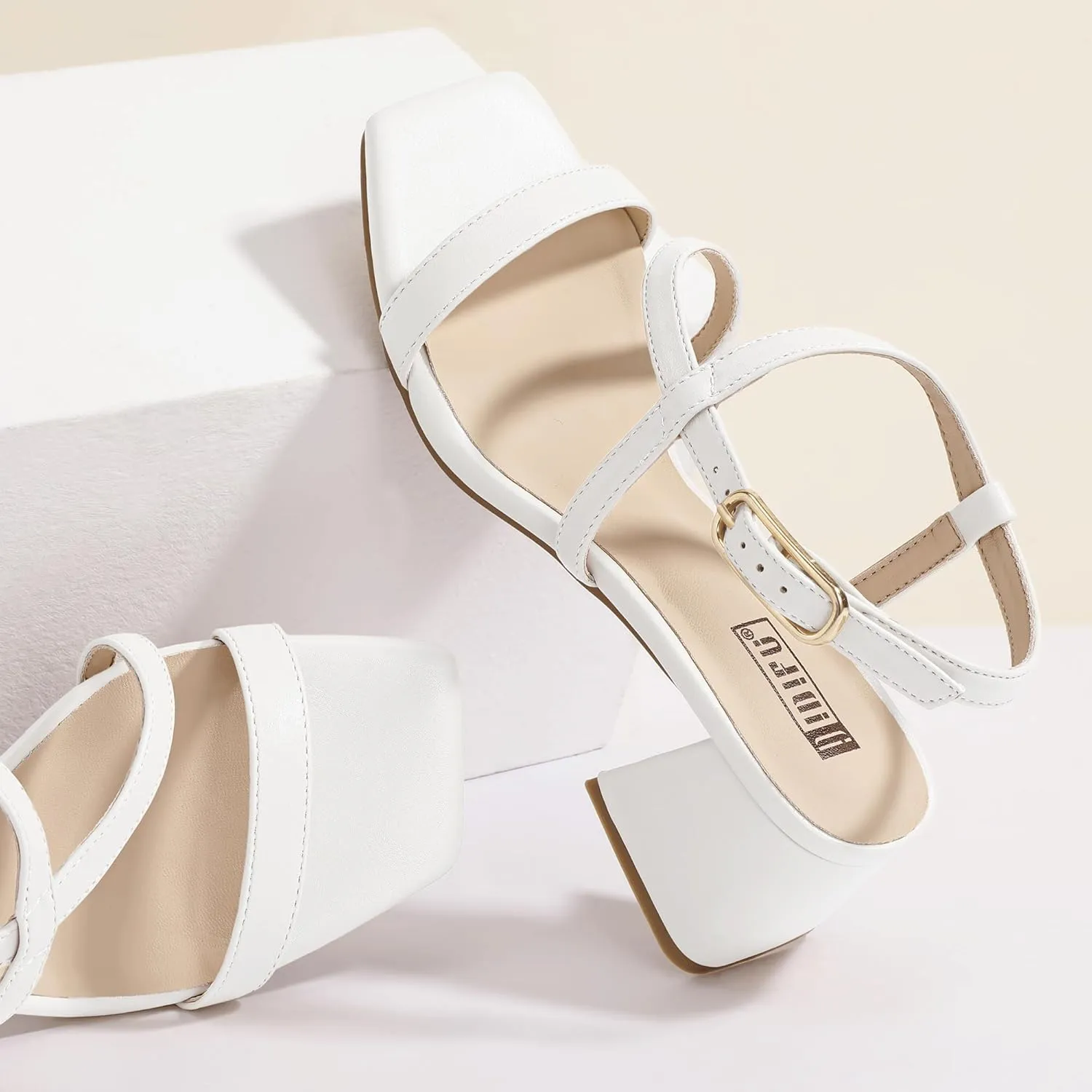 IDIFU IN2 Strappy Heels for Women Square Toe Low Chunky Block Heels with Ankle Strap Women's Slingback Irregular Heel Dress Shoes for Bride Wedding Heeled Sandals Dressy Short Heels