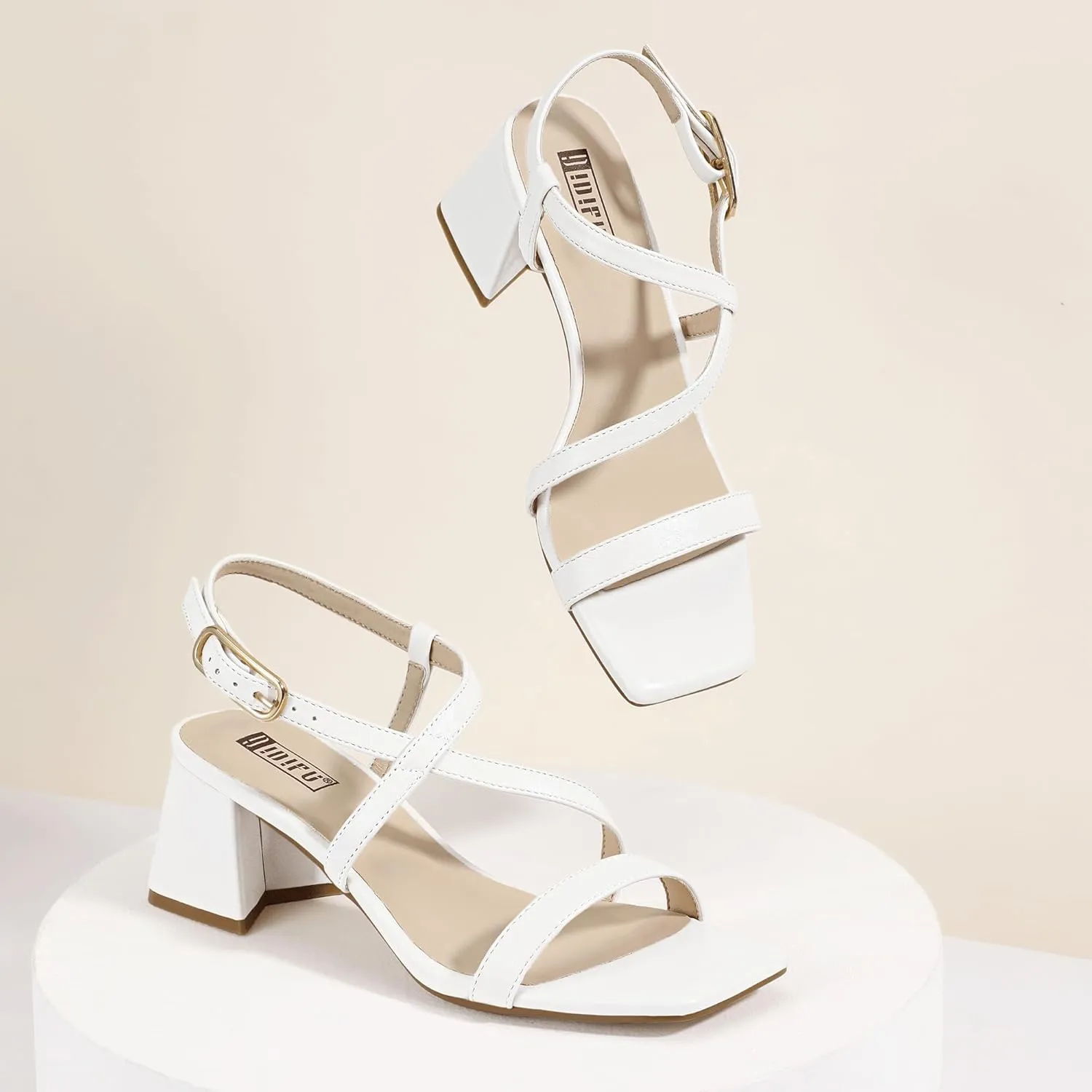 IDIFU IN2 Strappy Heels for Women Square Toe Low Chunky Block Heels with Ankle Strap Women's Slingback Irregular Heel Dress Shoes for Bride Wedding Heeled Sandals Dressy Short Heels