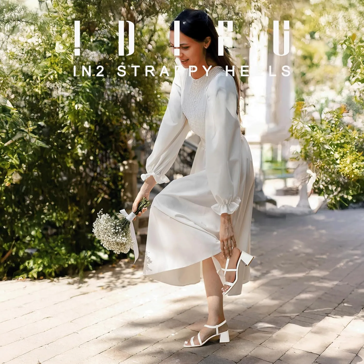 IDIFU IN2 Strappy Heels for Women Square Toe Low Chunky Block Heels with Ankle Strap Women's Slingback Irregular Heel Dress Shoes for Bride Wedding Heeled Sandals Dressy Short Heels