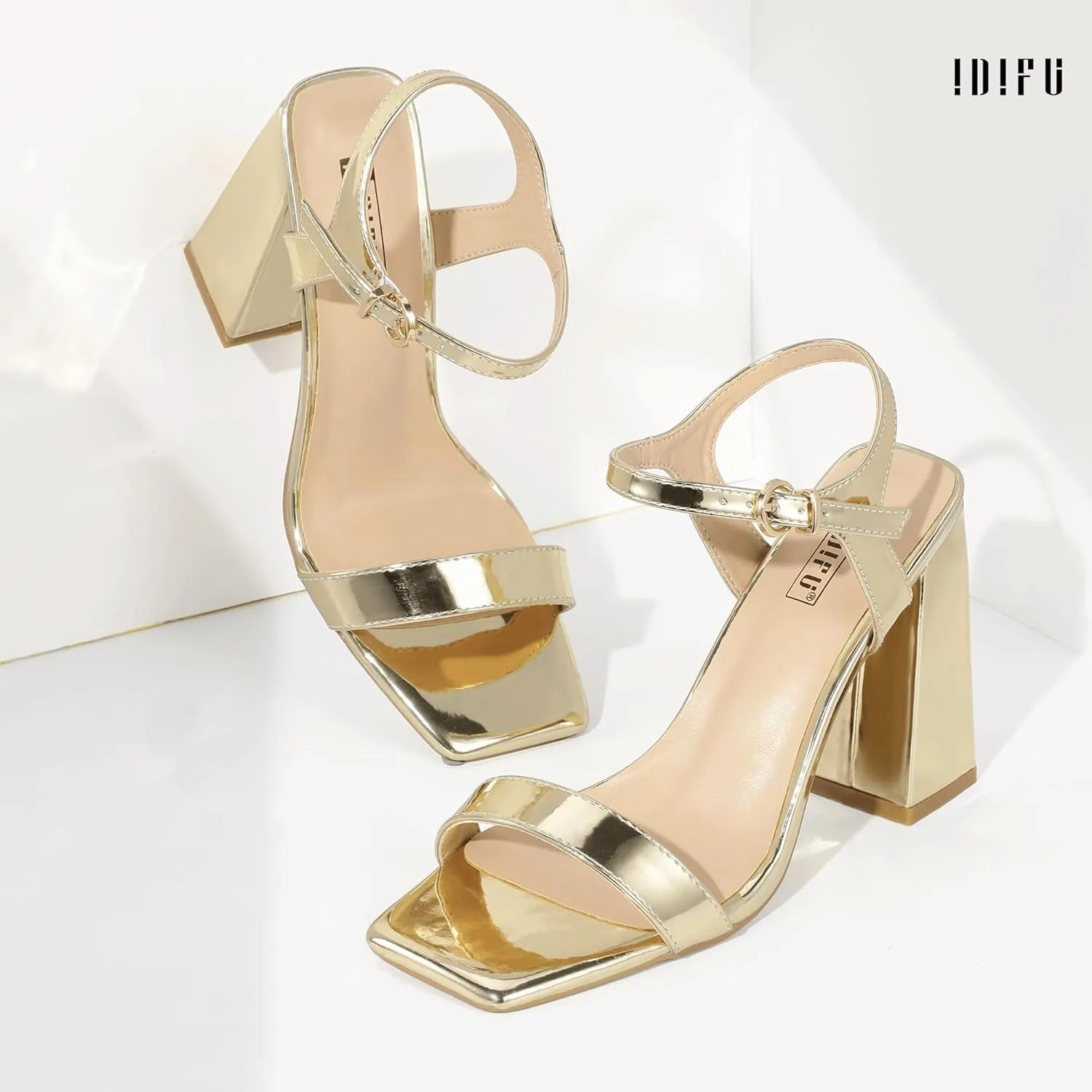IDIFU IN4 High Heels for Women Dressy Chunky Block Square Open Toe Heeled Sandals Slingback Thick Sexy Womens Dress Sandals Wedding Prom Summer Bridal Bride Comfortable Strappy Ankle Strap Heels