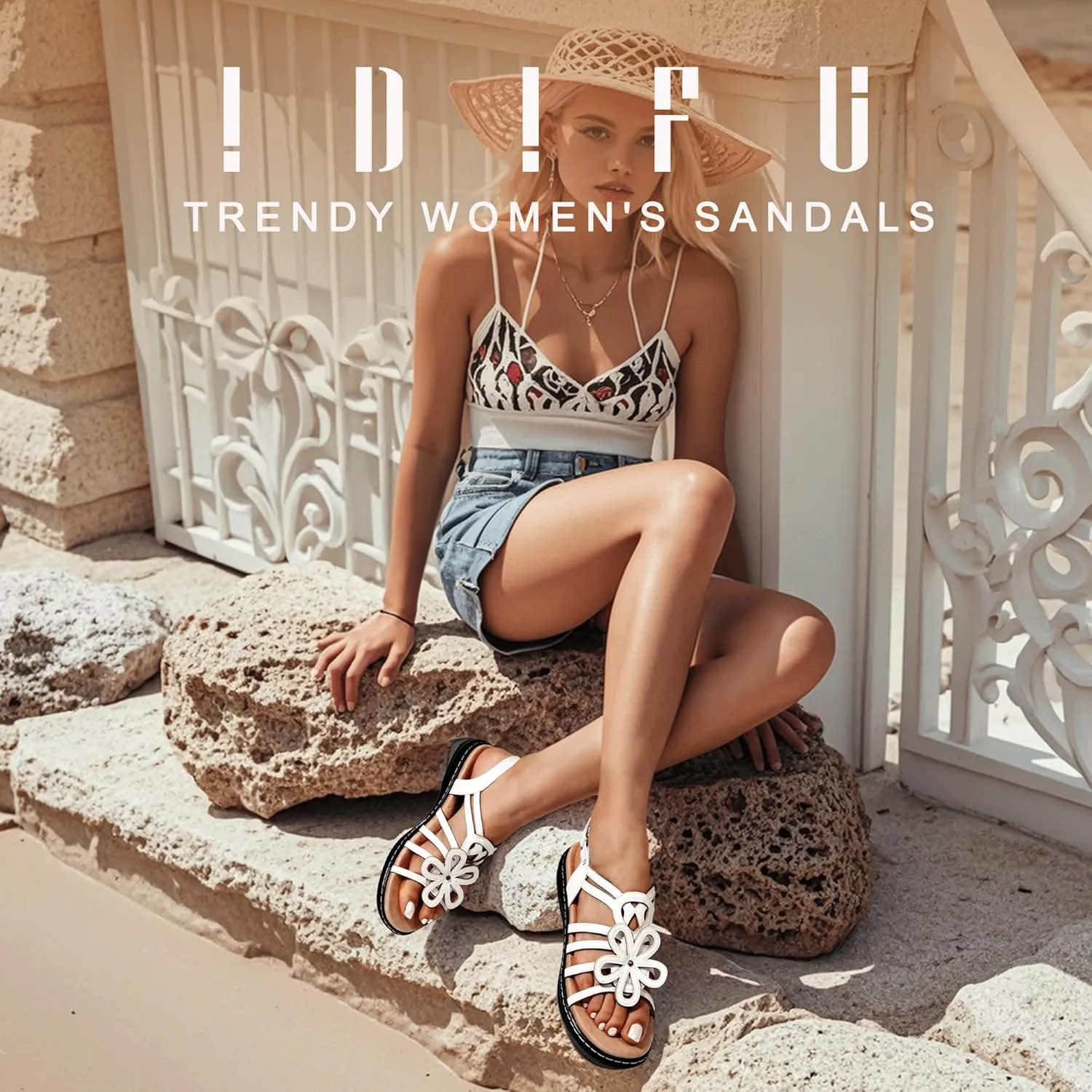 IDIFU Women's Sandals Strappy Back Strap Open Toe Slingback Sandals Summer Beach Walking Wedding Bridal Dress Sandals for Women Travel Dressy Comfortable Trendy Casual Flats Sandals - Wide Width
