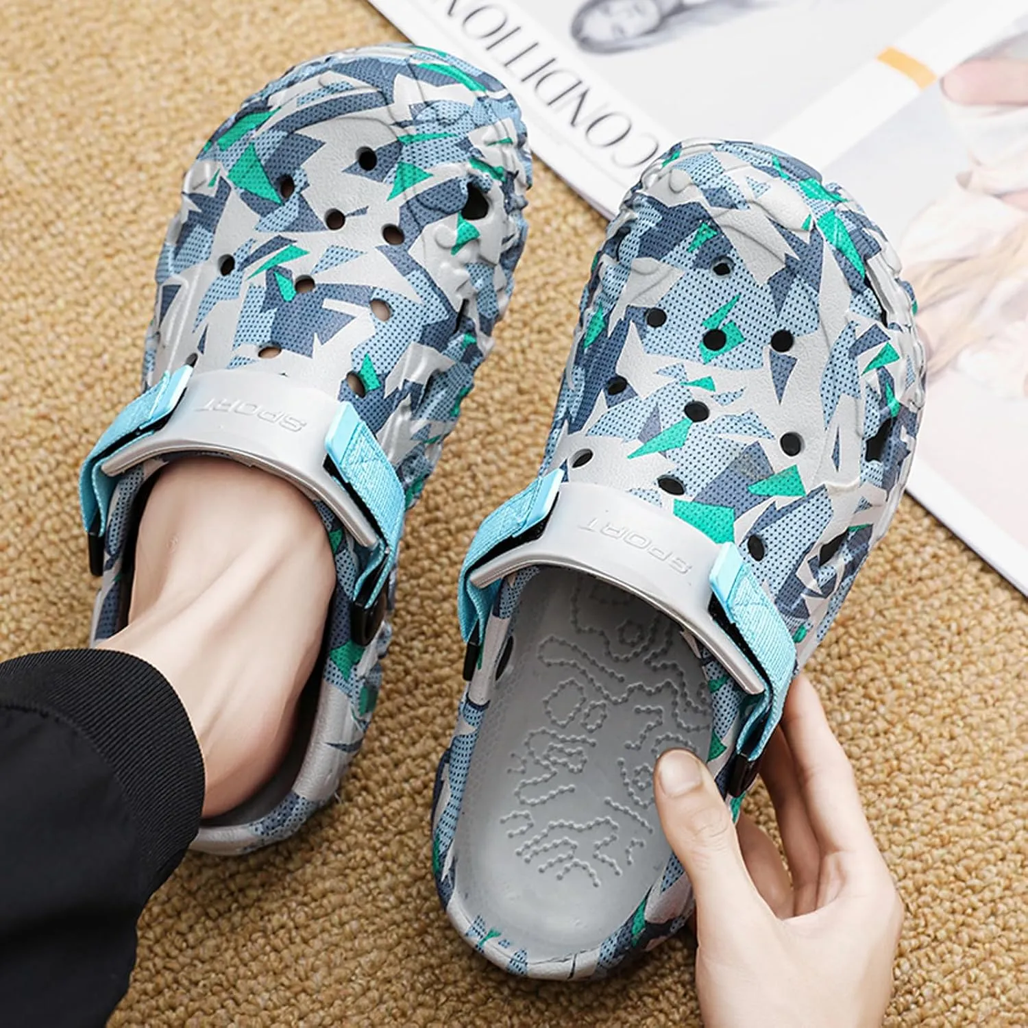 ihinzry Men's Garden Clogs Graphic Mules Clog Slip On Beach Sandals for Men Outdoor Slippers with Adjustable Strap