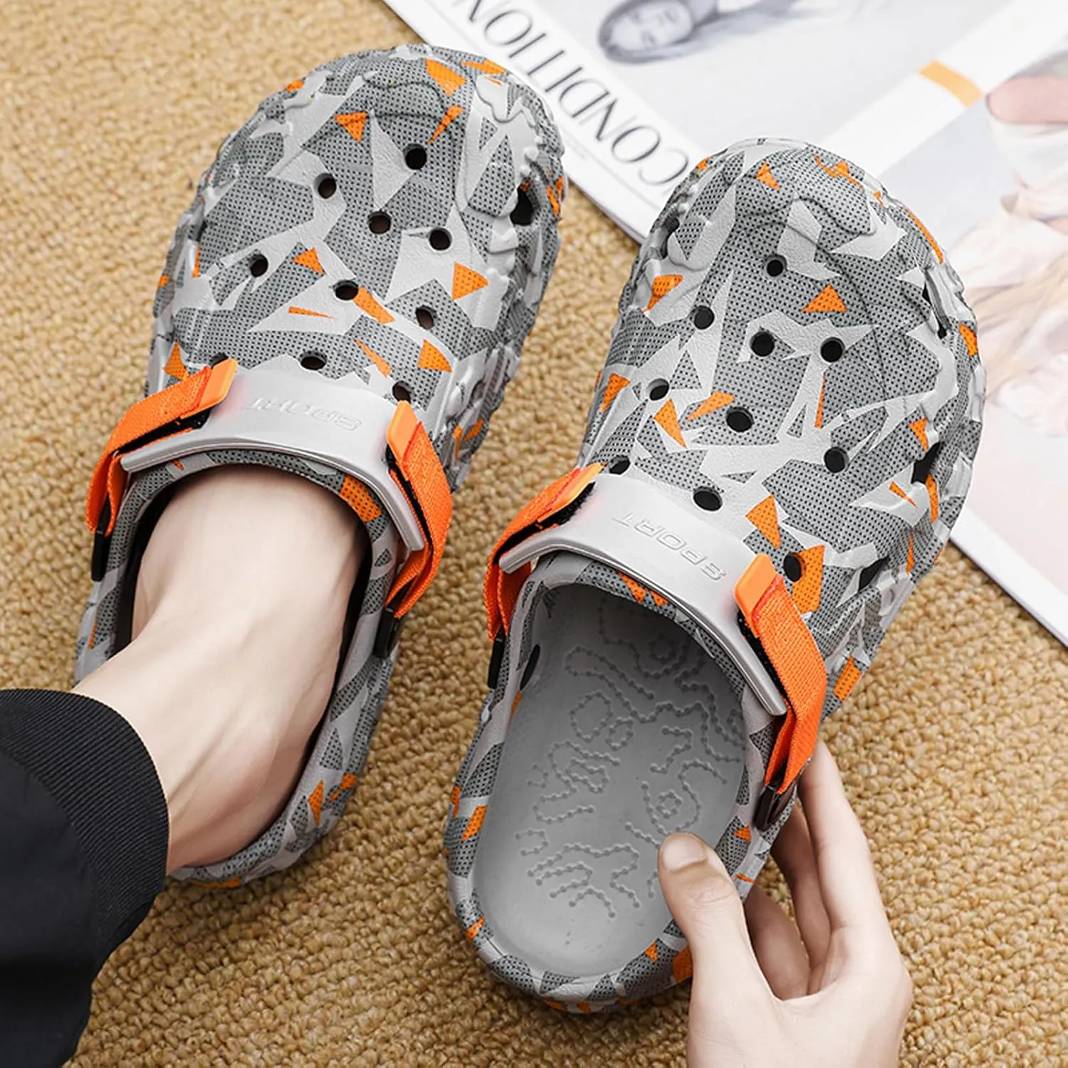 ihinzry Men's Garden Clogs Graphic Mules Clog Slip On Beach Sandals for Men Outdoor Slippers with Adjustable Strap