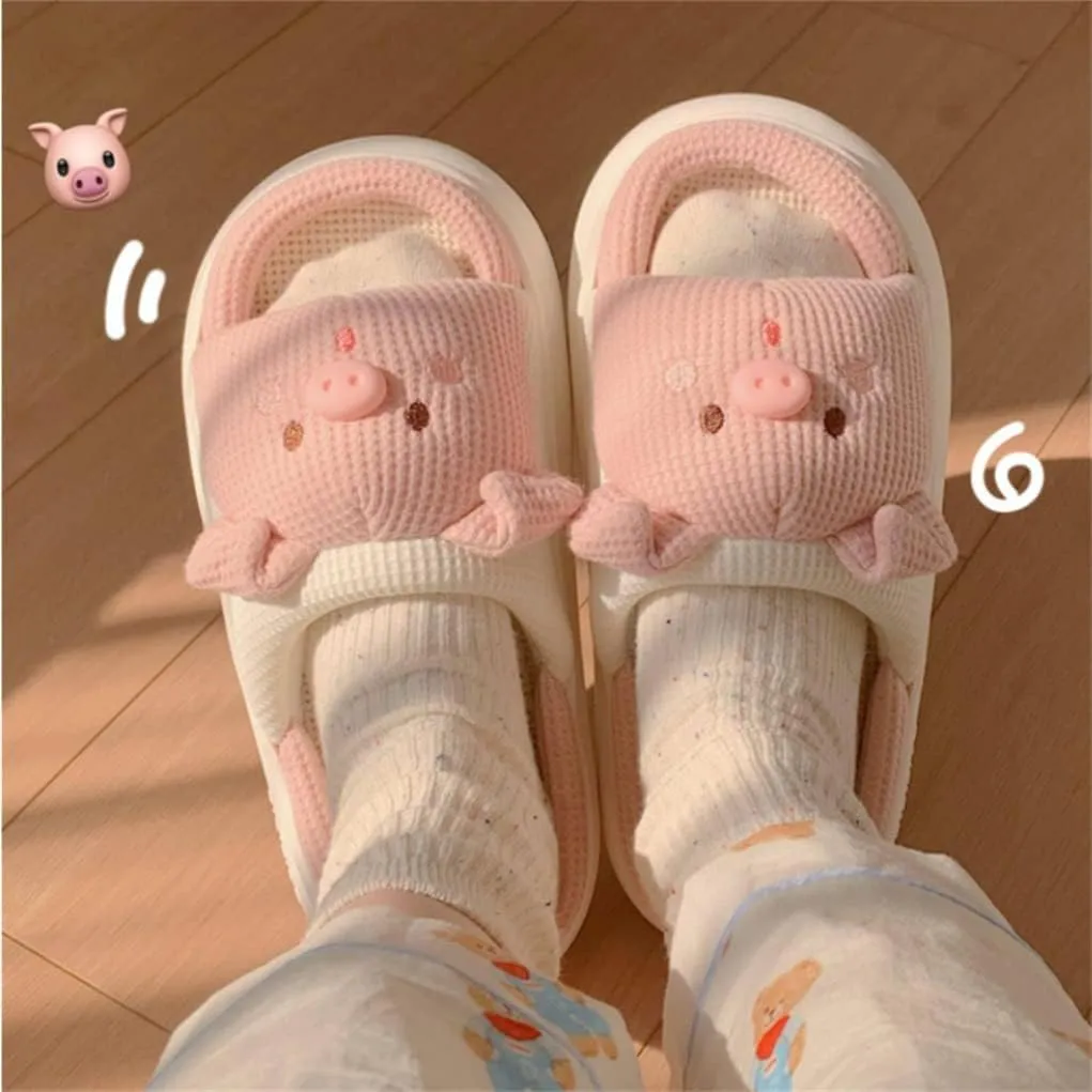 Indoor Slippers, Pigs, Bears Cute Cartoon Slippers Women's Home Slippers Linen Four Seasons Slippers
