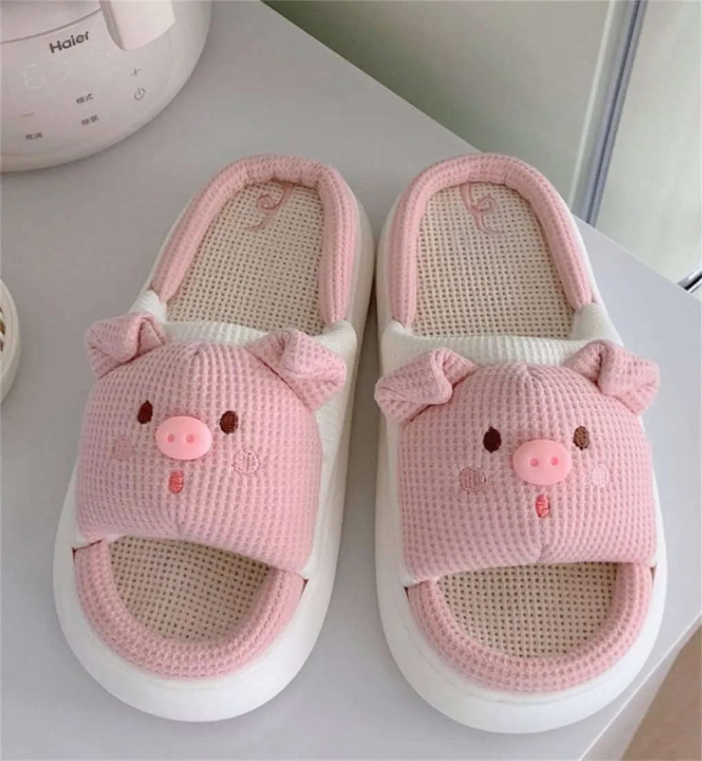 Indoor Slippers, Pigs, Bears Cute Cartoon Slippers Women's Home Slippers Linen Four Seasons Slippers