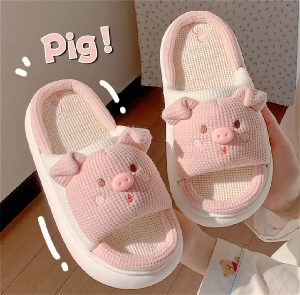 Indoor Slippers, Pigs, Bears Cute Cartoon Slippers Women's Home Slippers Linen Four Seasons Slippers