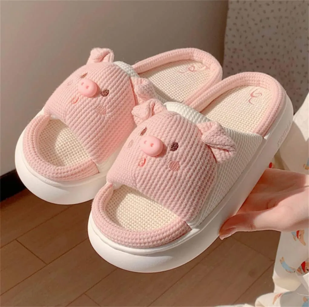 Indoor Slippers, Pigs, Bears Cute Cartoon Slippers Women's Home Slippers Linen Four Seasons Slippers