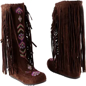 Inornever Knee High Boots for Women Moccasins Embroidered Fringe Booties Cowboy Winter Comfortable Warm Vintage Flat Heel Cowgirl Western Suede Long Snow Tassel Boots 12
