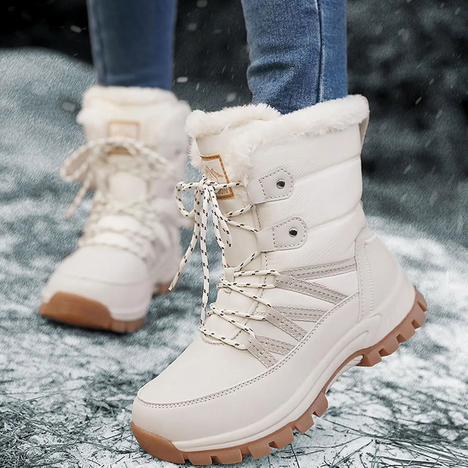 Insulated Hiking Boots Women 𝐖aterproof Non-Slip Ankle Booties Fu𝐫 Lined Winter Walking Shoes For Men