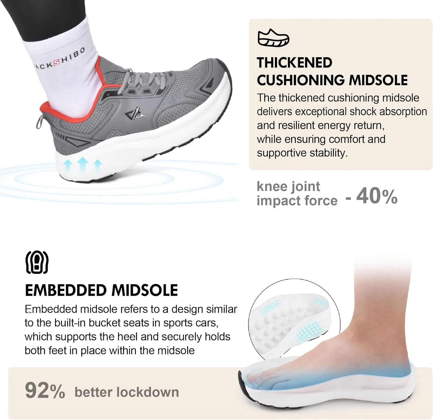 JACKSHIBO Mens Wide Toe Box Slip in Hands Free Shoes,Slip on Arch Support Wide Sneakers,Thick Cushioning Running Shoes,Orthopedic Walking Sneakers with Zero Drop Sole