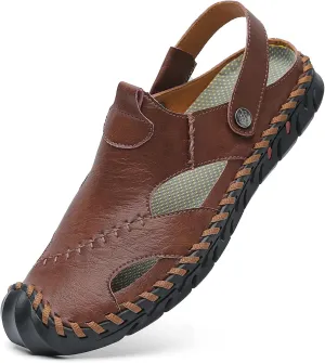 JAMONWU Men's Casual Closed Toe Adjustable Leather Sandals Handmade Fisherman Beach Sandals