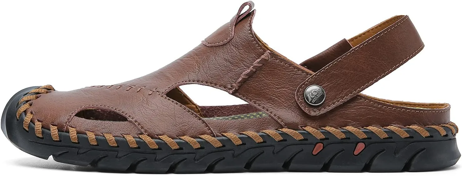 JAMONWU Men's Casual Closed Toe Adjustable Leather Sandals Handmade Fisherman Beach Sandals