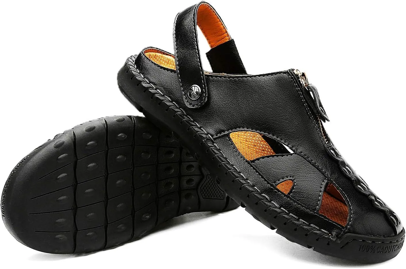 JAMONWU Men's Casual Closed Toe Adjustable Leather Sandals Handmade Fisherman Beach Sandals