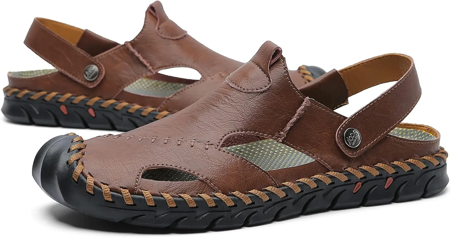 JAMONWU Men's Casual Closed Toe Adjustable Leather Sandals Handmade Fisherman Beach Sandals