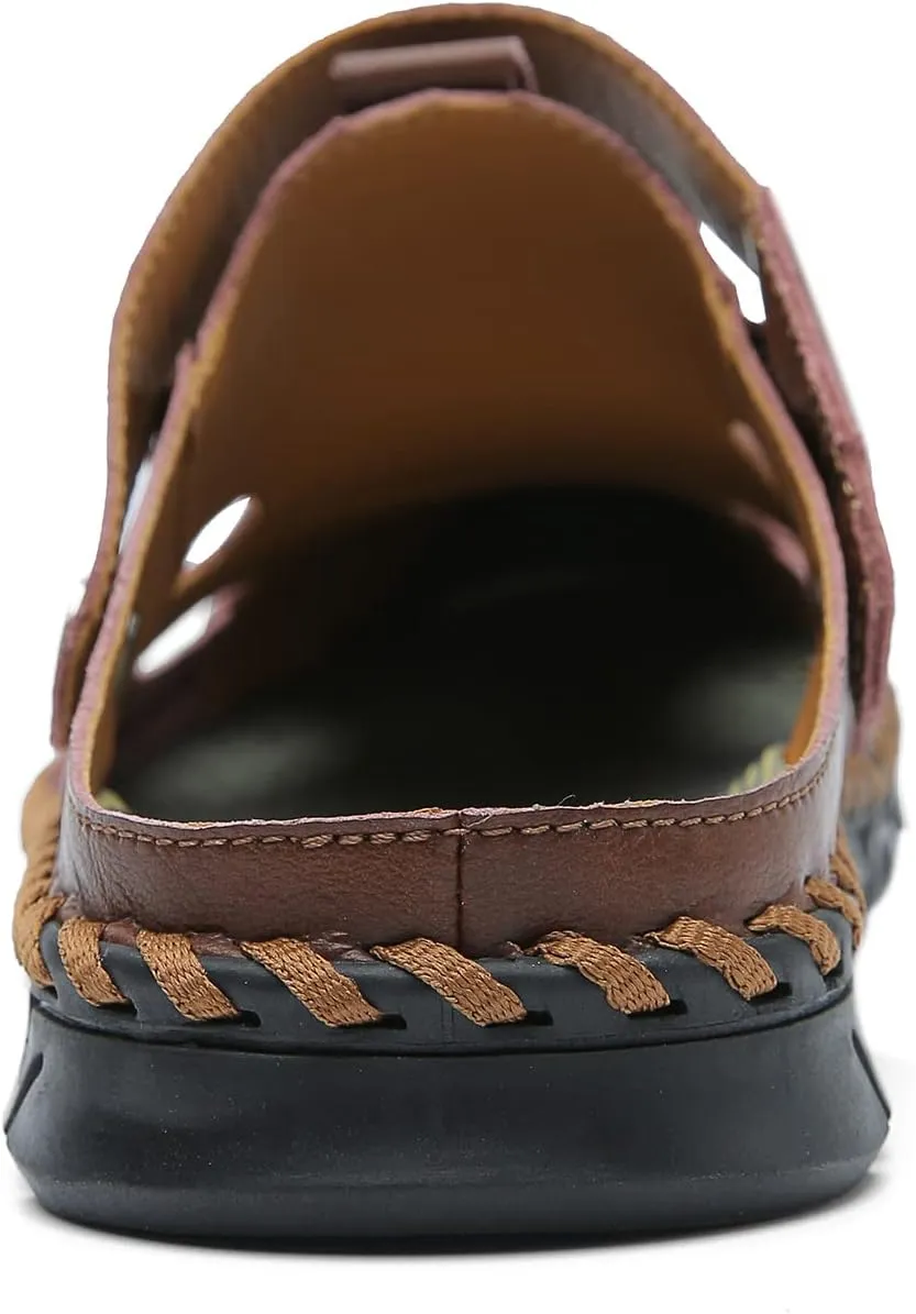 JAMONWU Men's Casual Closed Toe Adjustable Leather Sandals Handmade Fisherman Beach Sandals