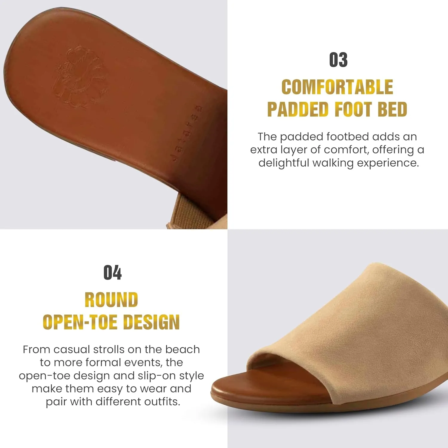 JATAREA Women’s Slip-On Leather Flat Sandals with Round Open Toe | Classic and Trendy Slippers - CAVERY
