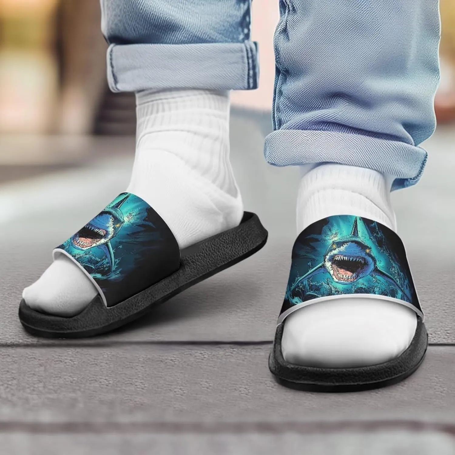 Jeiento Cartoon Slides for Kids Age 4-8,Shark Slide Slippers Little Girl Beach Sandals Anti Slip Children Shower Shoes