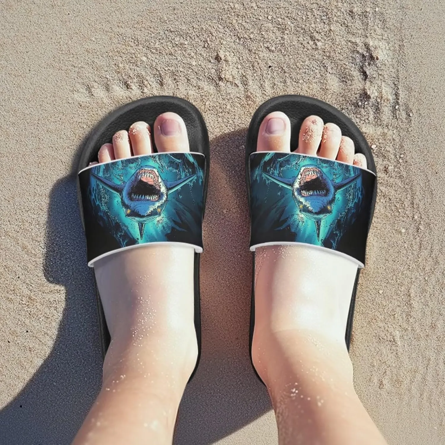 Jeiento Cartoon Slides for Kids Age 4-8,Shark Slide Slippers Little Girl Beach Sandals Anti Slip Children Shower Shoes