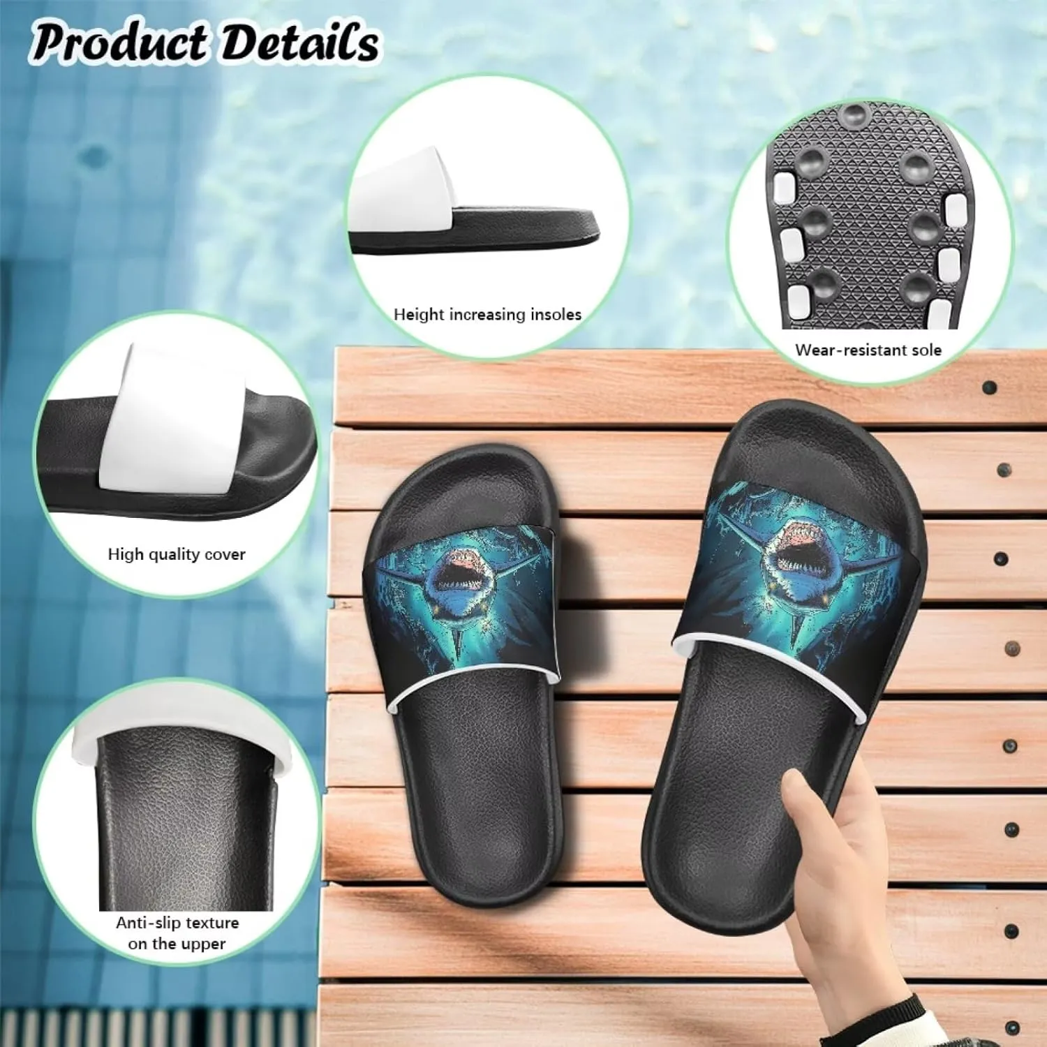 Jeiento Cartoon Slides for Kids Age 4-8,Shark Slide Slippers Little Girl Beach Sandals Anti Slip Children Shower Shoes