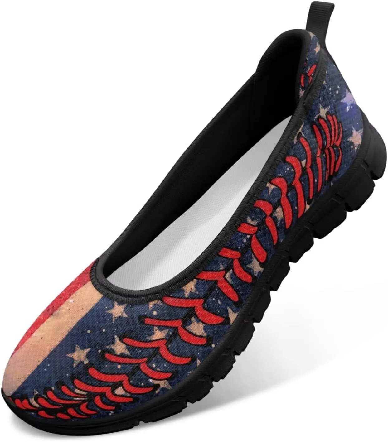 Jeiento Patriotic American Flag Shoes Women's Slip On Sneakers 4th of July Low Cut Walking Running Shoes Comfortable Mesh Tennis Footwear
