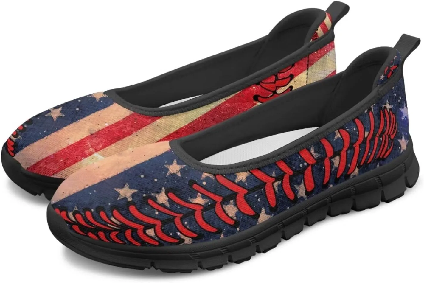 Jeiento Patriotic American Flag Shoes Women's Slip On Sneakers 4th of July Low Cut Walking Running Shoes Comfortable Mesh Tennis Footwear