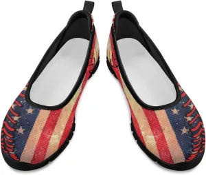 Jeiento Patriotic American Flag Shoes Women's Slip On Sneakers 4th of July Low Cut Walking Running Shoes Comfortable Mesh Tennis Footwear