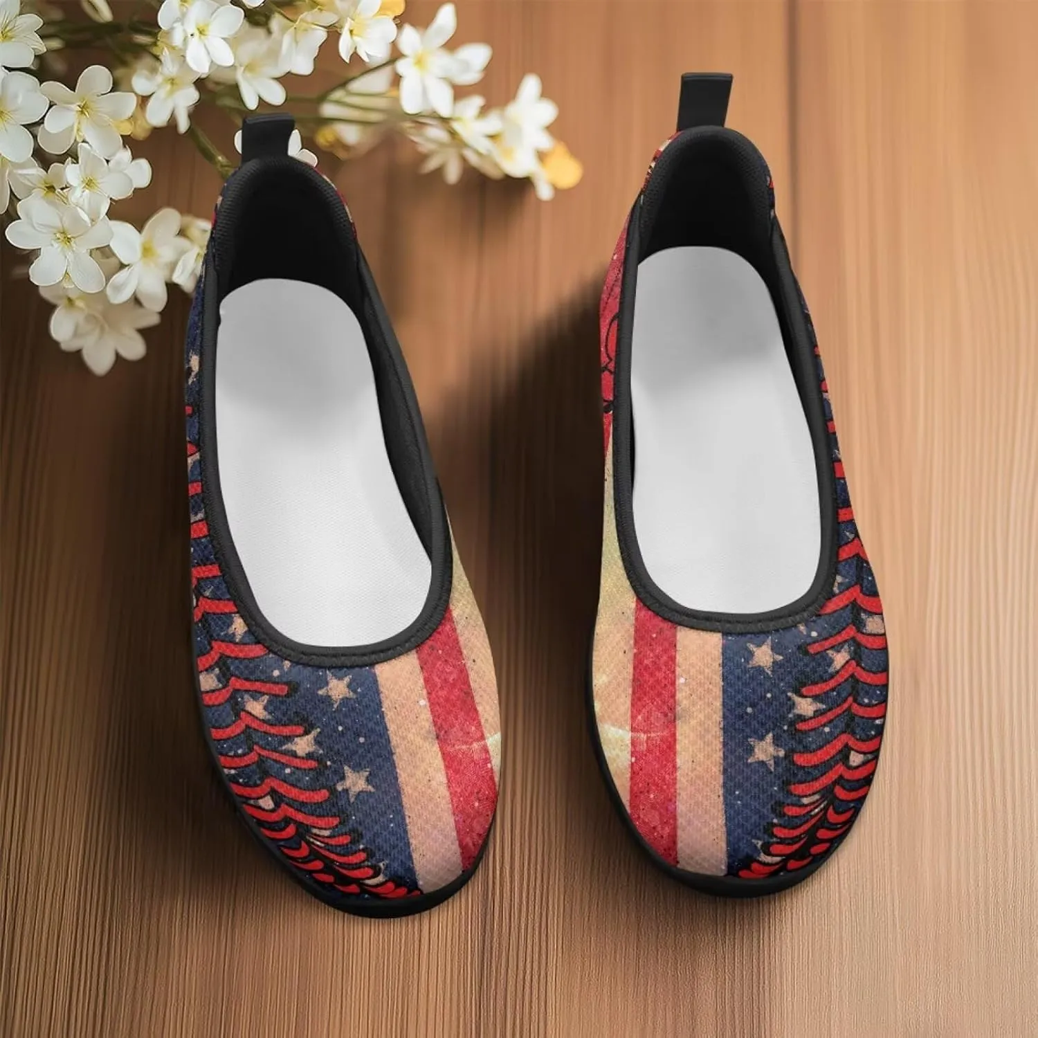 Jeiento Patriotic American Flag Shoes Women's Slip On Sneakers 4th of July Low Cut Walking Running Shoes Comfortable Mesh Tennis Footwear