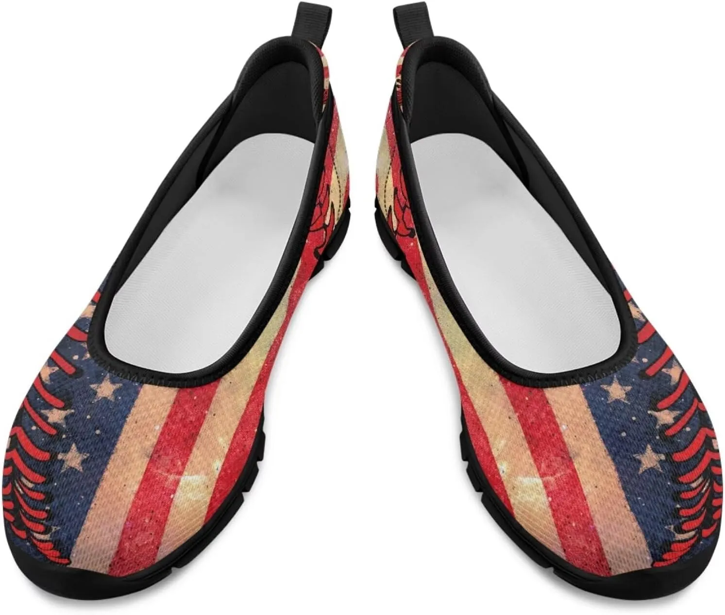 Jeiento Patriotic American Flag Shoes Women's Slip On Sneakers 4th of July Low Cut Walking Running Shoes Comfortable Mesh Tennis Footwear