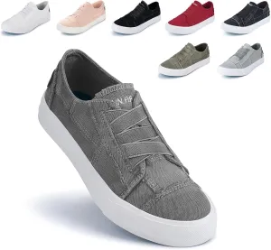 JENN ARDOR Women's Stylish Slip On Sneakers No Laces Elastic Low Top Canvas Sneakers Trendy Flats Comfortable Casual Walking Shoes