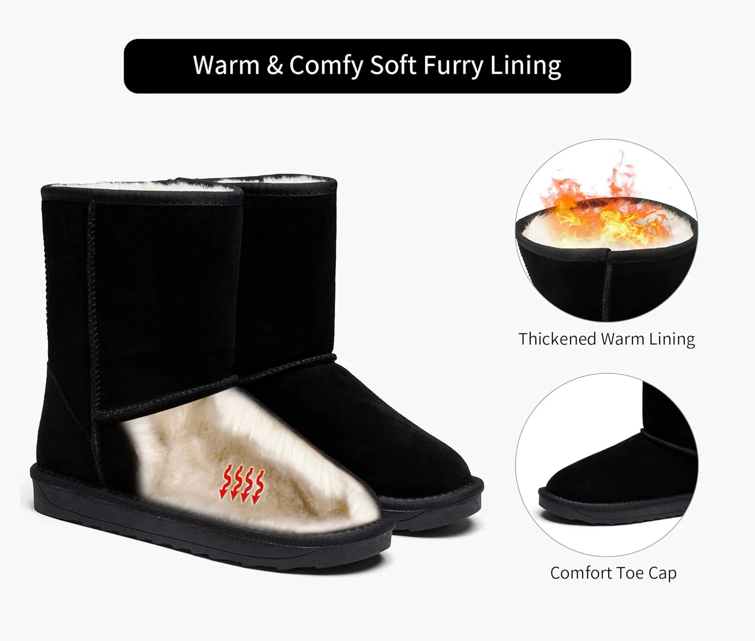 Jeossy Women's Winter Snow Boots, Warm Suede Fur Slip on Mid Calf Plush Fuzzy Tall Shoes
