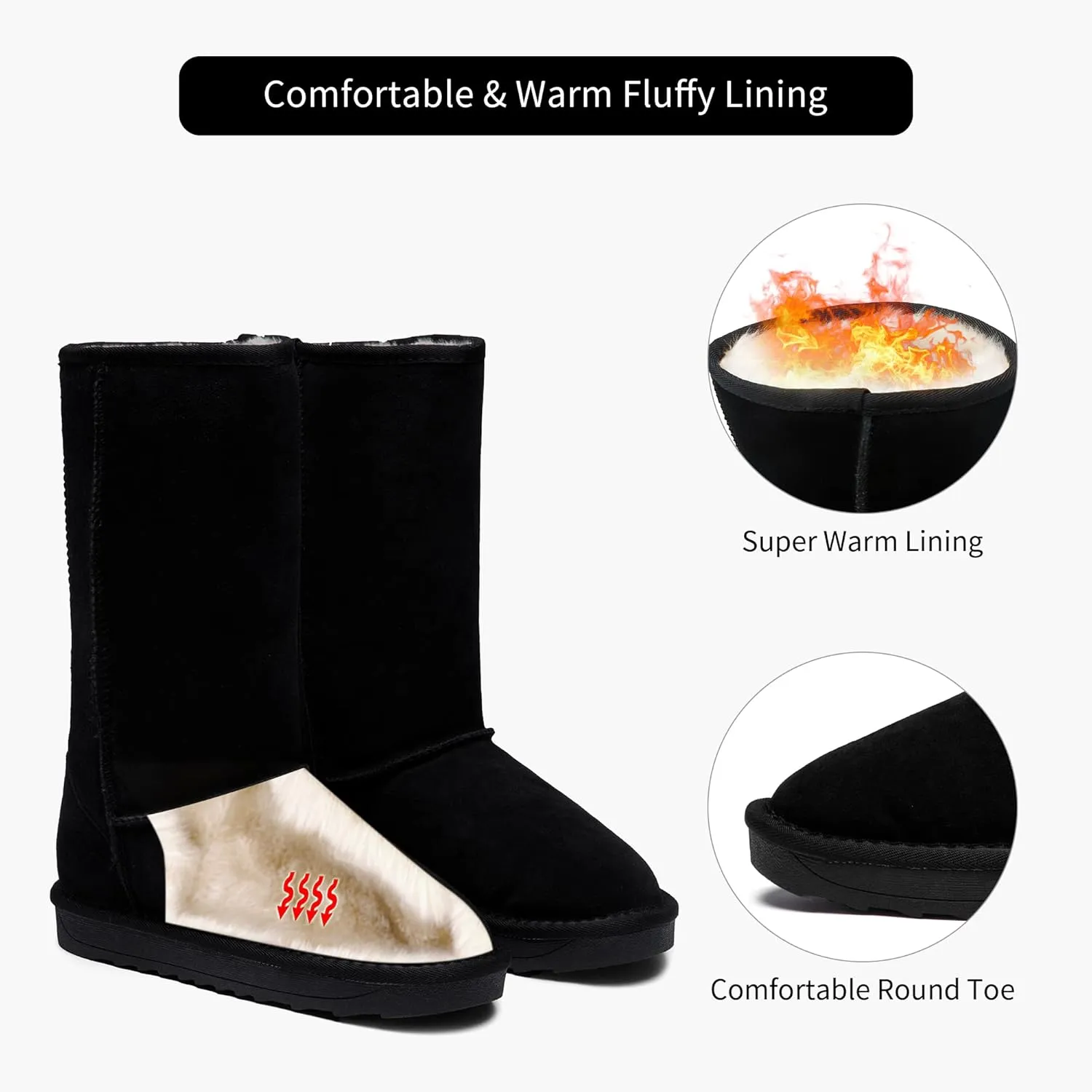 Jeossy Women's Winter Snow Boots, Warm Suede Fur Slip on Mid Calf Plush Fuzzy Tall Shoes