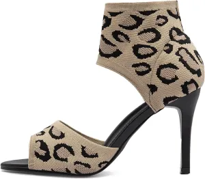 JishinGal High Heels for Women Peep Toe Heels Sandals Stretchy Knit Open Toe High Sexy 3 Inches Stiletto for Dressy and Everyday