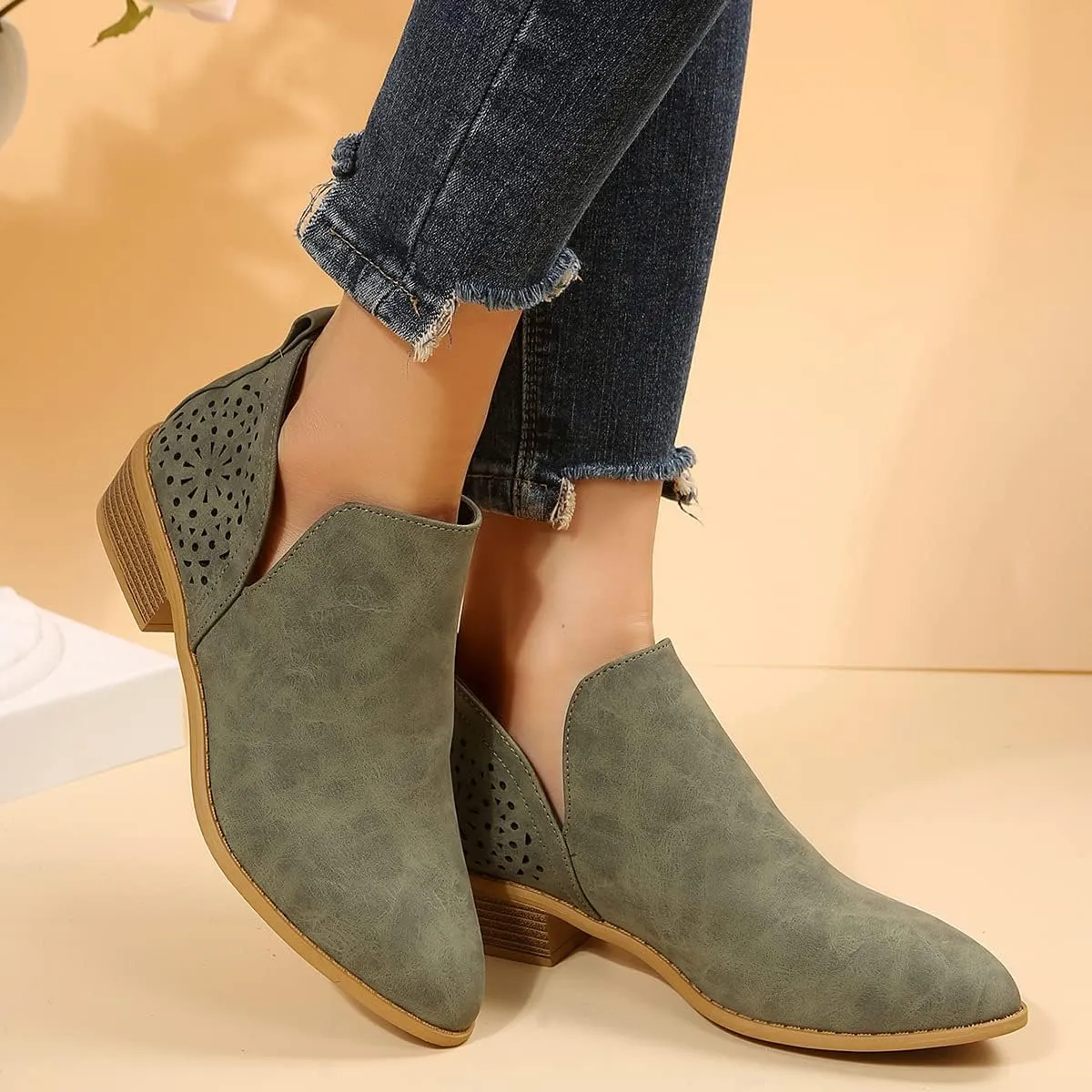 JITUUE Ankle Boots for women Casual Cut Out Slip On Low Heel Short Chunky Stacked Heel Perforated Side V Cut Western Booties Cutout Shoes