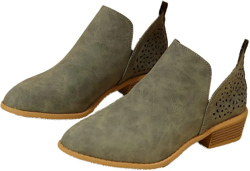 JITUUE Ankle Boots for women Casual Cut Out Slip On Low Heel Short Chunky Stacked Heel Perforated Side V Cut Western Booties Cutout Shoes