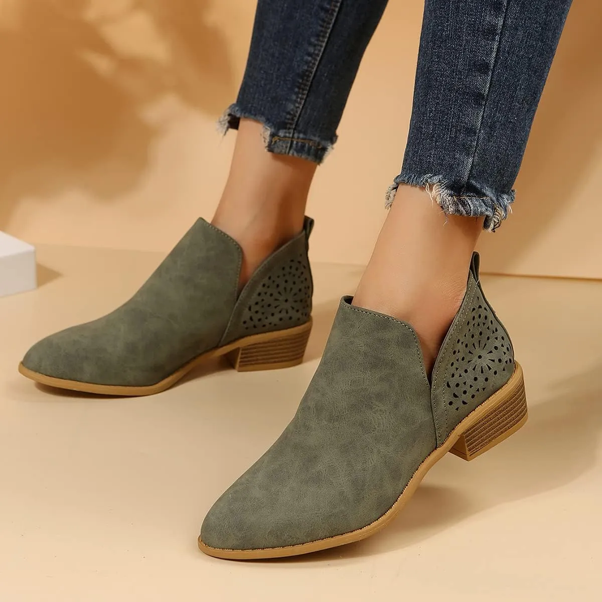 JITUUE Ankle Boots for women Casual Cut Out Slip On Low Heel Short Chunky Stacked Heel Perforated Side V Cut Western Booties Cutout Shoes