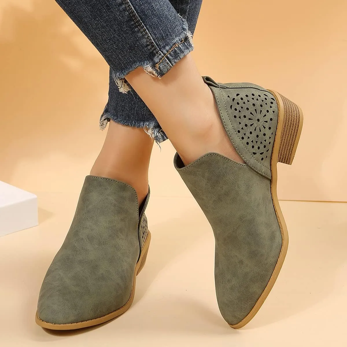 JITUUE Ankle Boots for women Casual Cut Out Slip On Low Heel Short Chunky Stacked Heel Perforated Side V Cut Western Booties Cutout Shoes