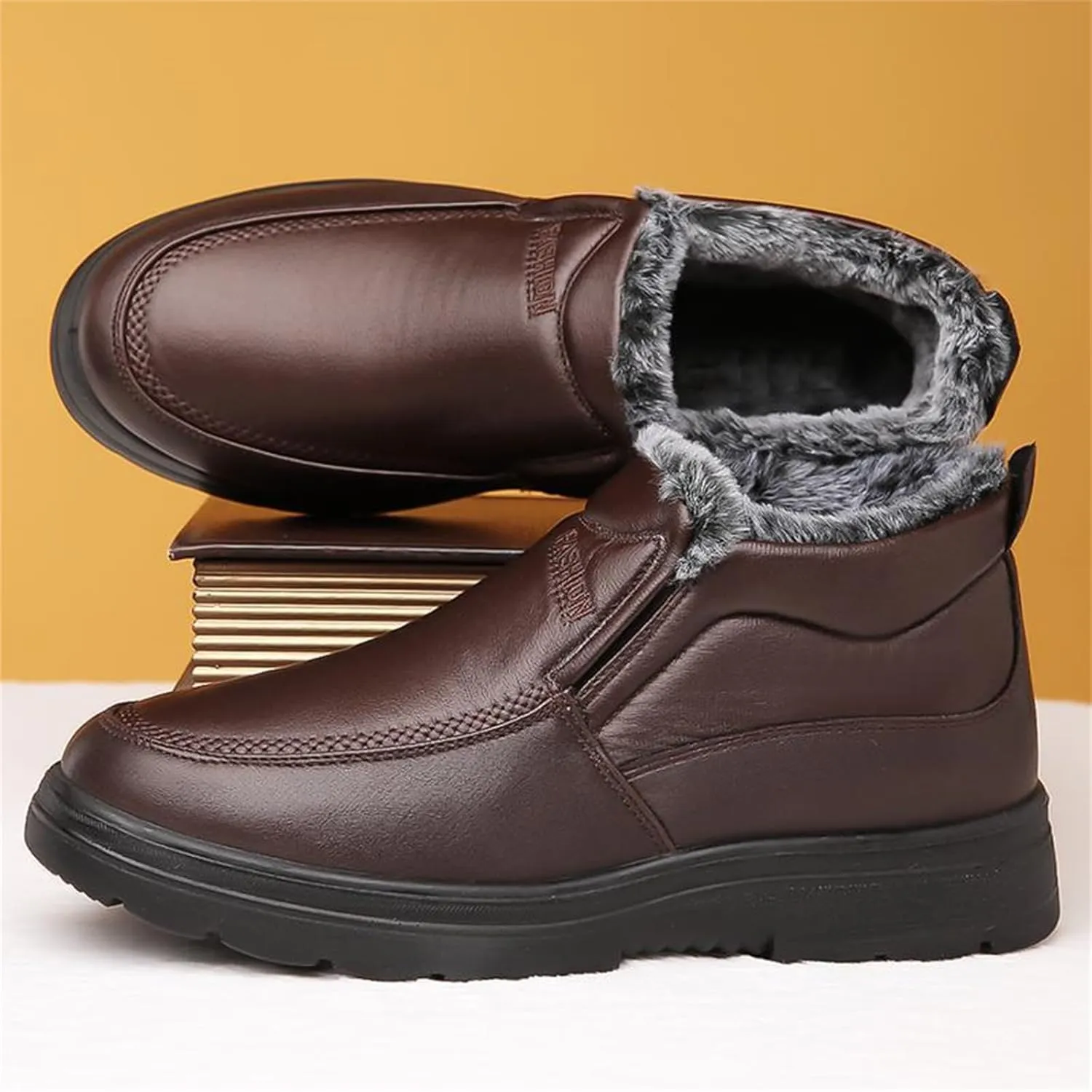 JiuQing Men's Winter Ankle Boots Slip-On Snow Boots Fur Lined Warm Outdoor Walking Cotton Slippers