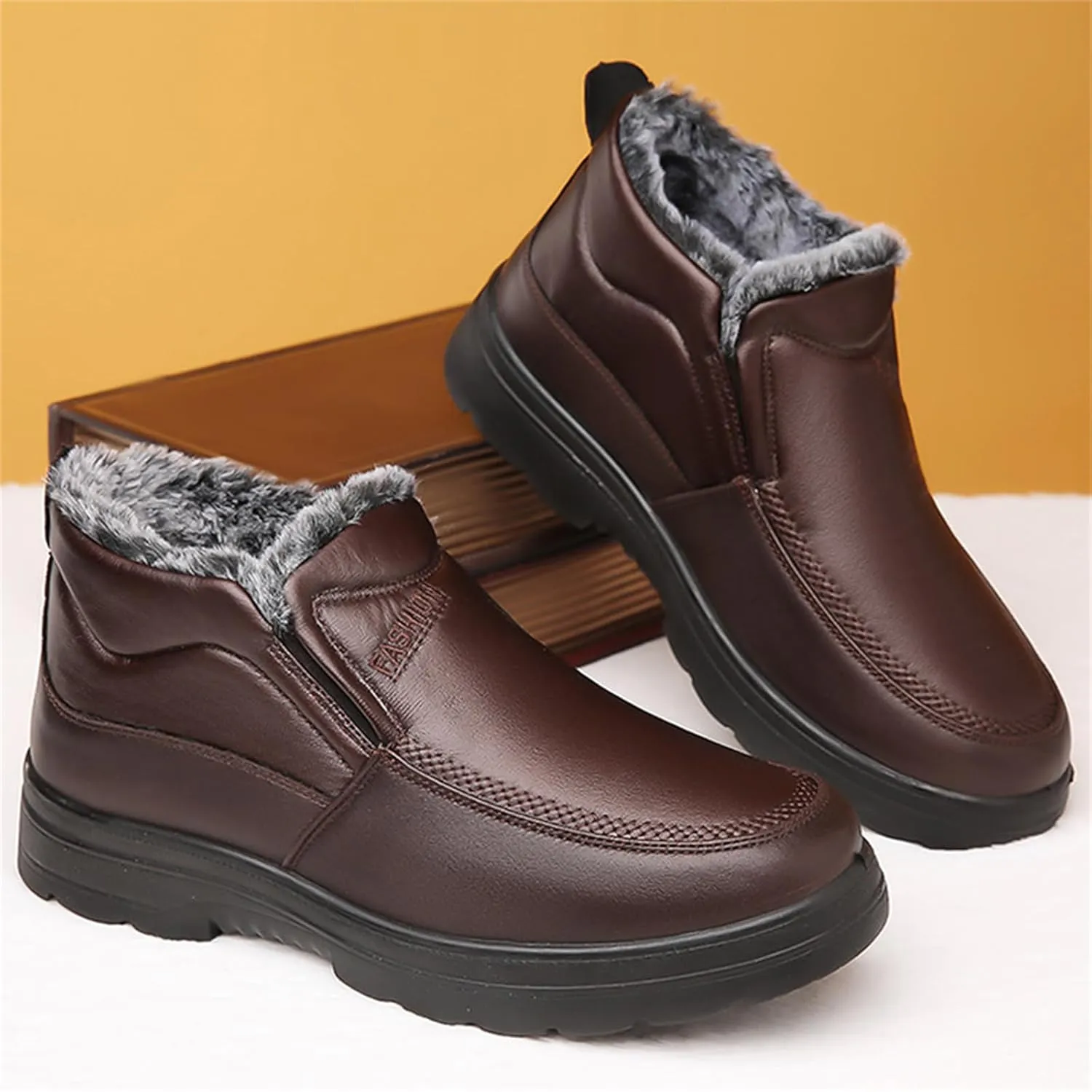 JiuQing Men's Winter Ankle Boots Slip-On Snow Boots Fur Lined Warm Outdoor Walking Cotton Slippers