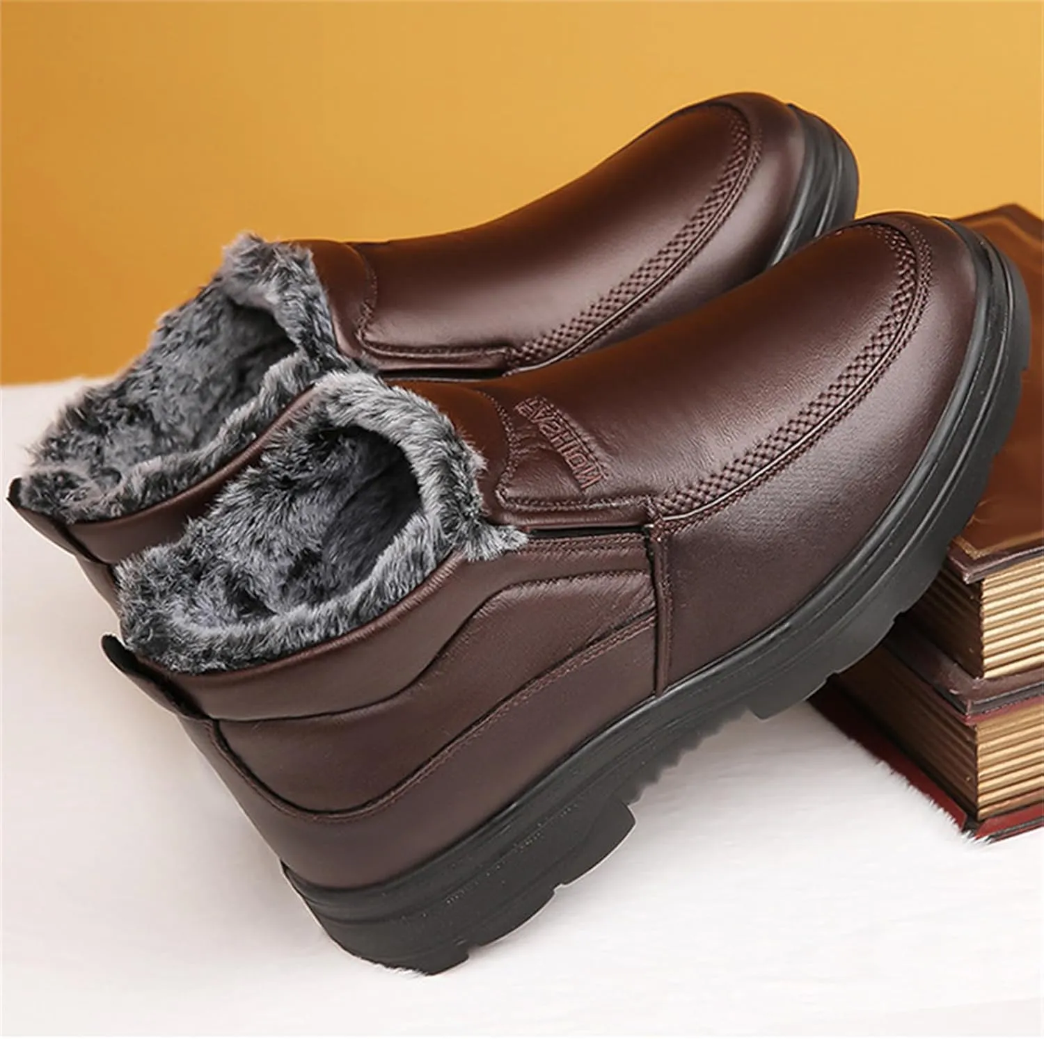 JiuQing Men's Winter Ankle Boots Slip-On Snow Boots Fur Lined Warm Outdoor Walking Cotton Slippers