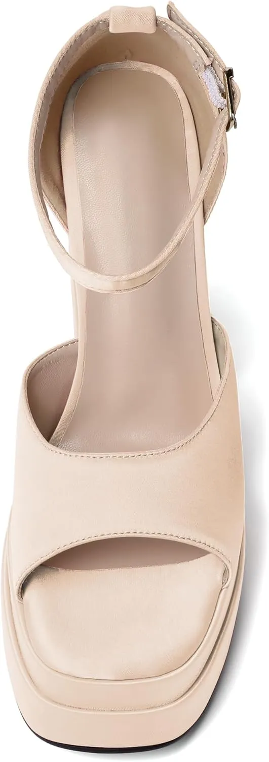 Joseywade Chunky Platform Heels Open Toe Women High Heels 5.5 Inches Heeled Sandals Satin Silk Ankle Strap Heels Shoes