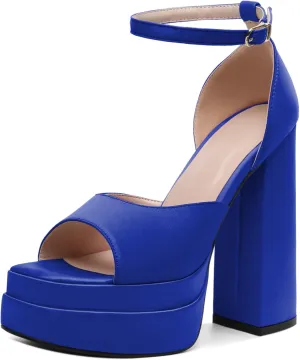 Joseywade Chunky Platform Heels Open Toe Women High Heels 5.5 Inches Heeled Sandals Satin Silk Ankle Strap Heels Shoes